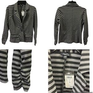 Rue 21 Black and Gray Striped 1 Button Ruched Sleeve Blazer Jacket Juniors S